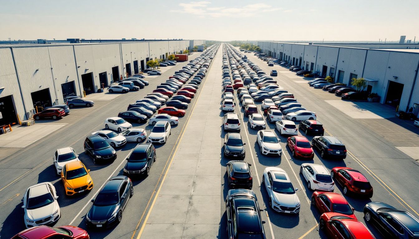 Rows of cars at a wholesale auction lot