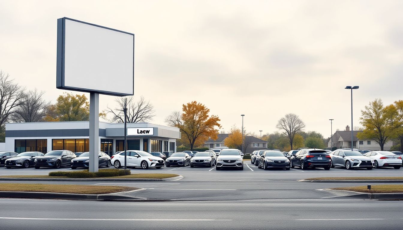 A quiet used car dealership lot