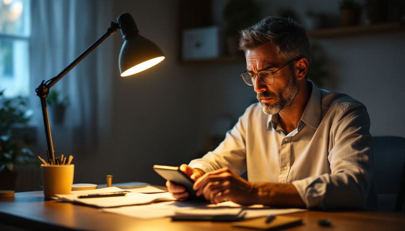 Business owner reviewing finances at night