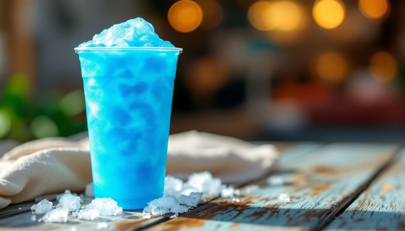 Electric-blue semi-frozen slushie drink close-up