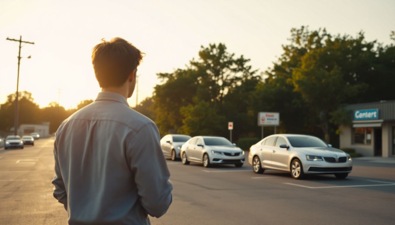 Small used-car lot at golden hour