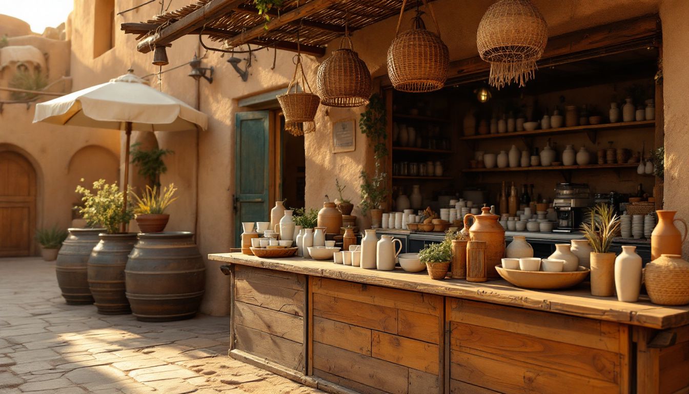 Rustic open-air marketplace beverage stall at golden hour