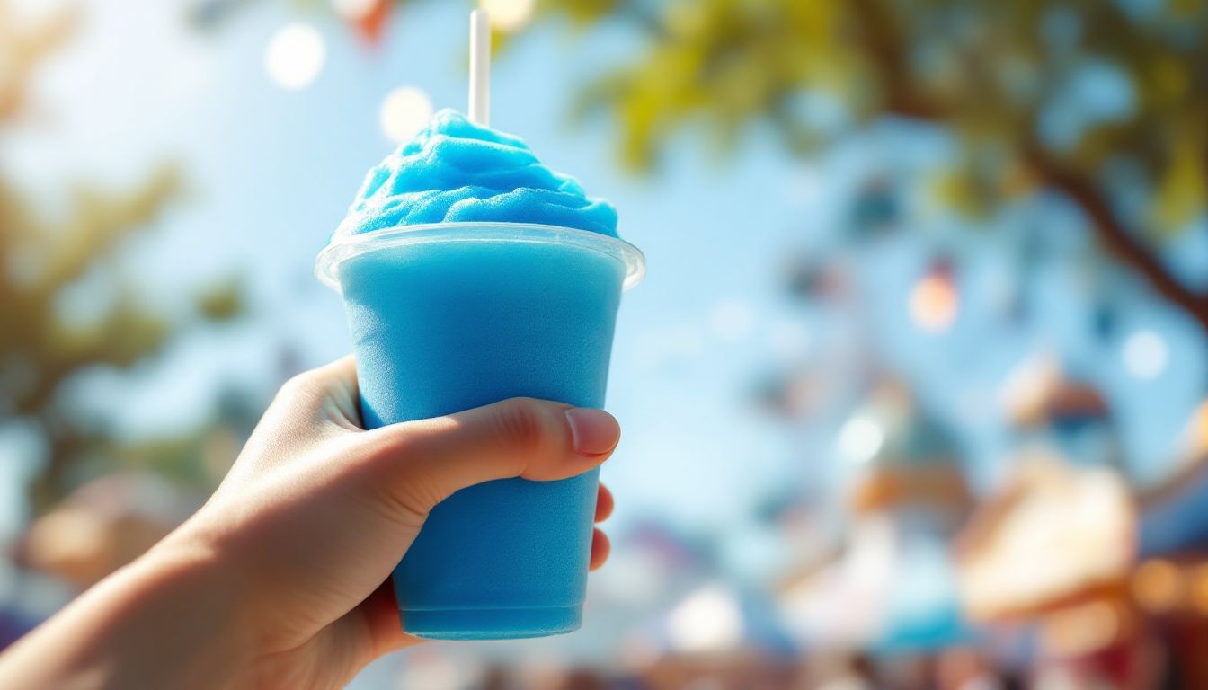 Bright blue frozen drink on a sunny theme park day
