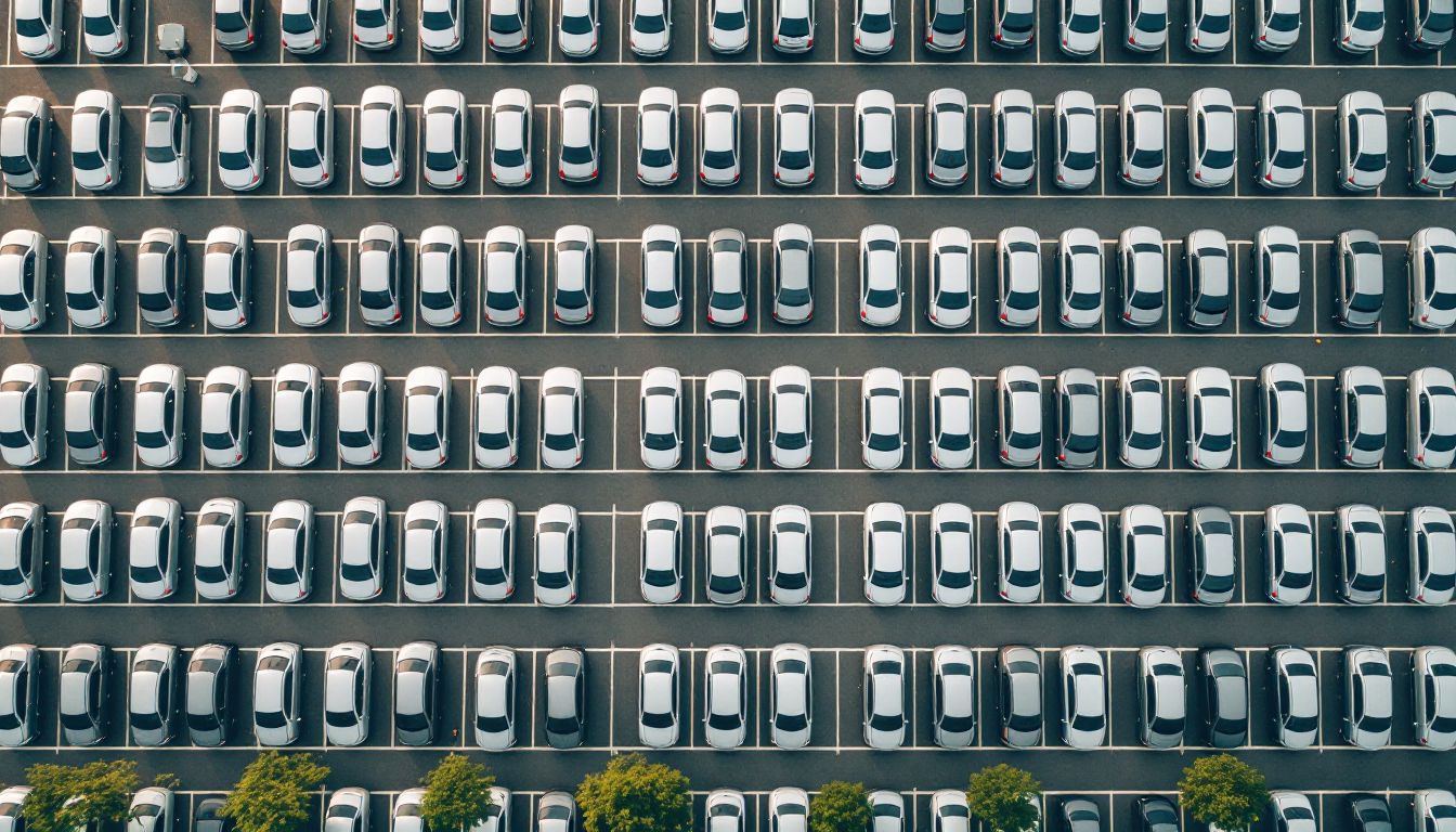 Identical sedans parked in uniform rows