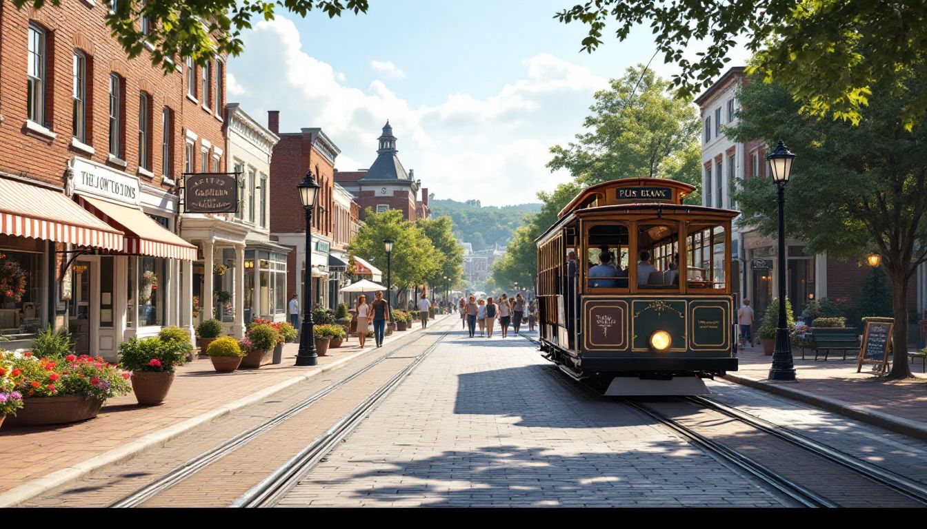 Turn-of-the-century American main street with vintage trolley