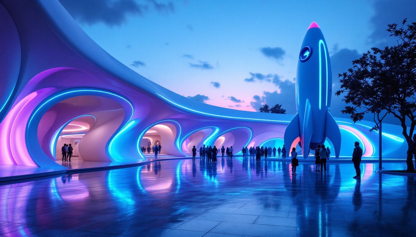 Futuristic illuminated amusement park at night