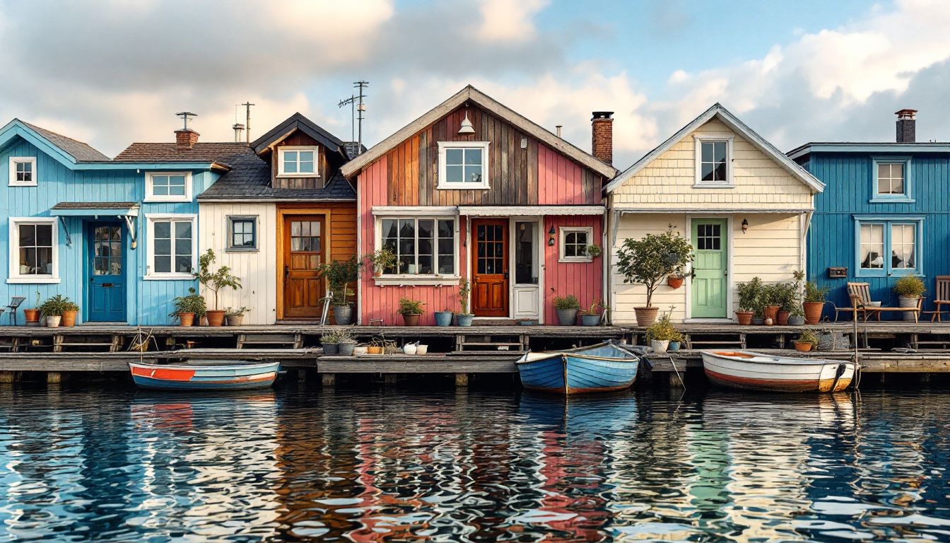 Colorful floating homes moored along a wooden dock