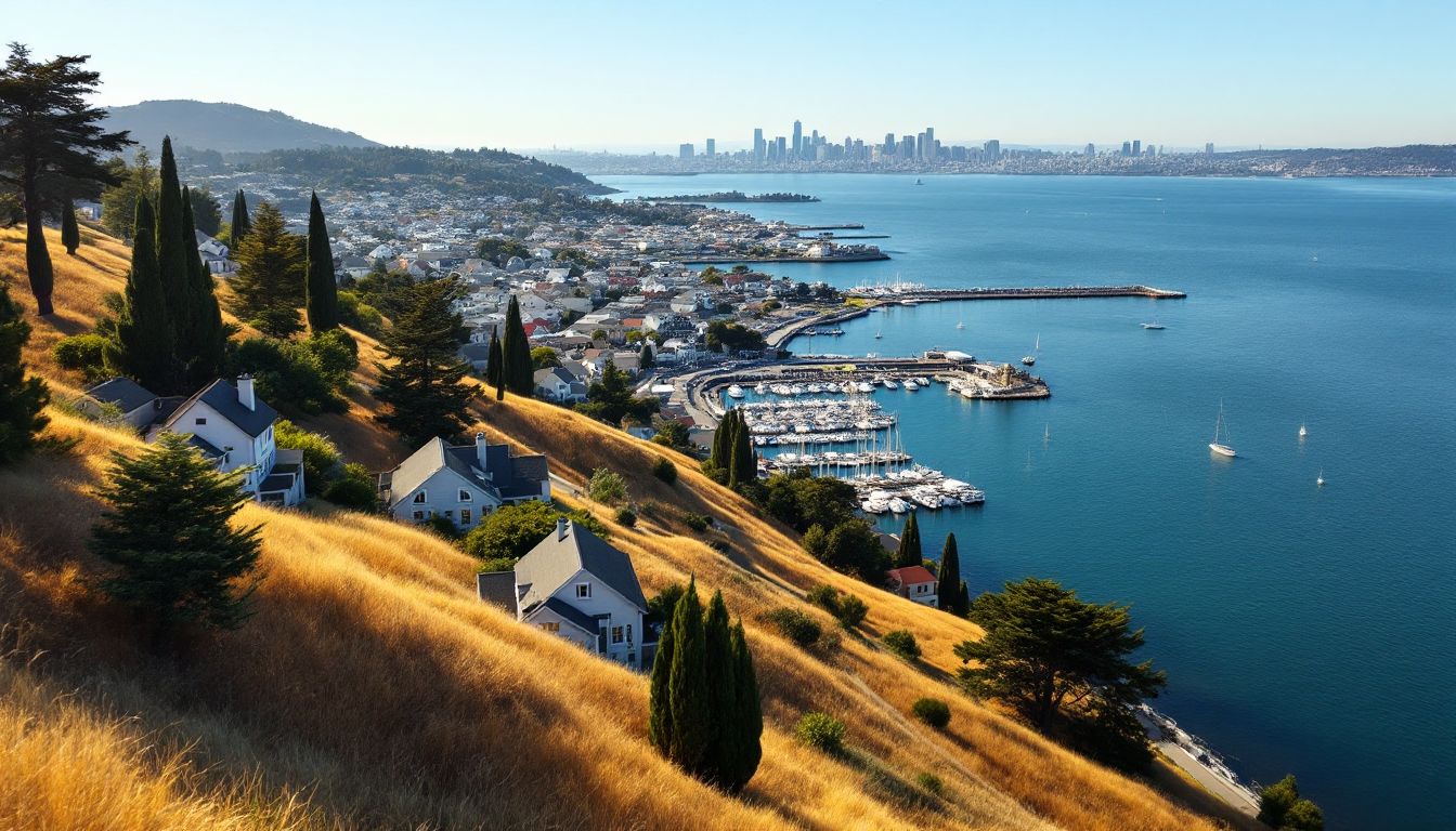 Hillside homes and marina above a blue California bay