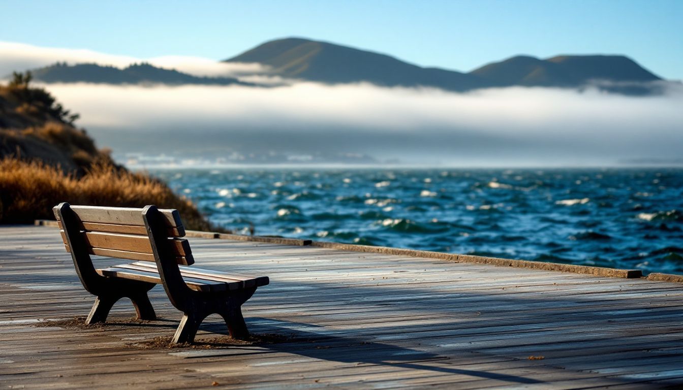 Bench on a waterfront boardwalk with coastal fog beyond