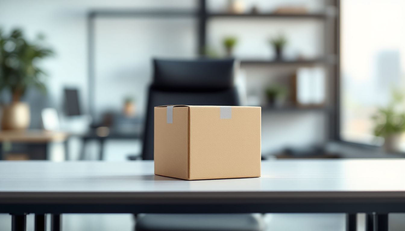 An empty desk with a packing box on it