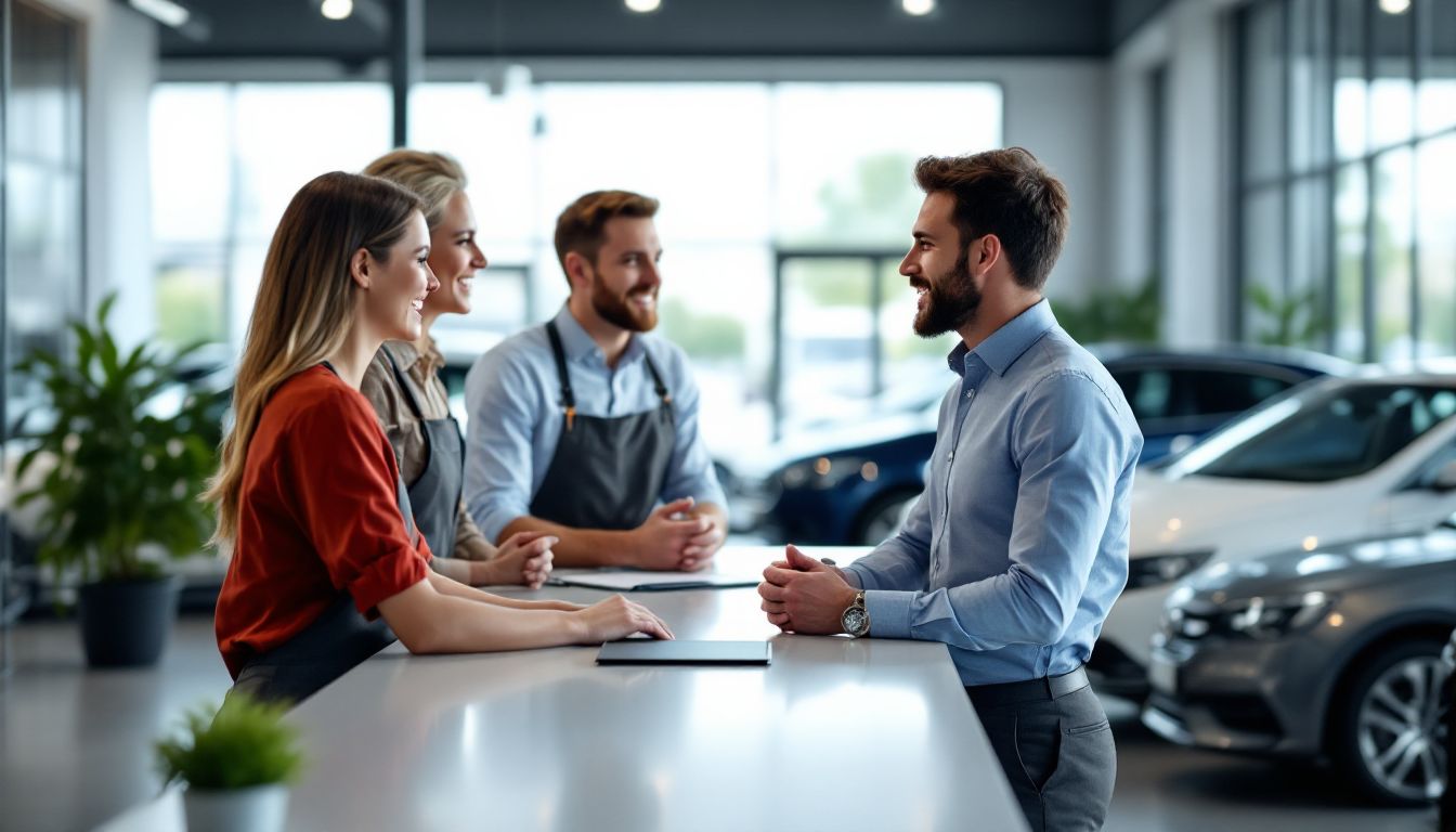 Dealership team talking with a customer at the counter
