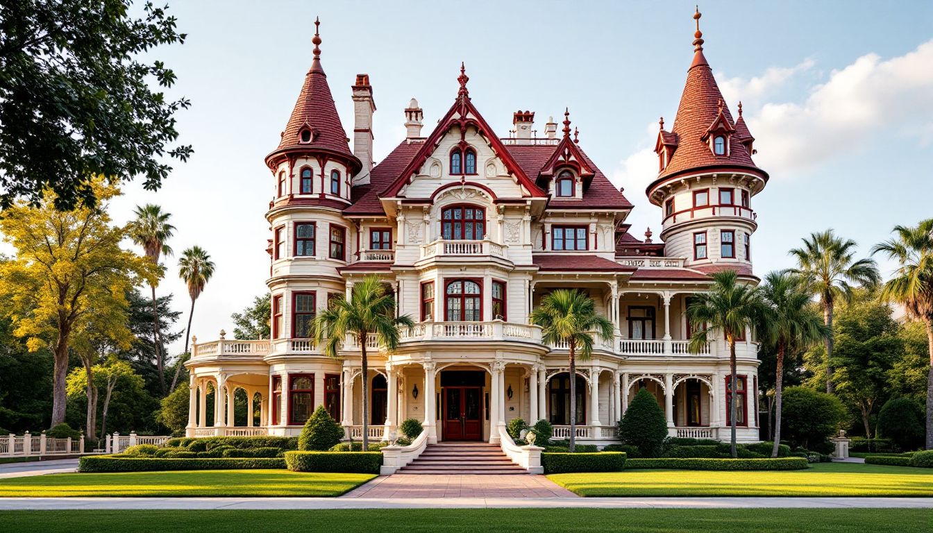 Ornate Victorian mansion exterior with turrets and palm trees