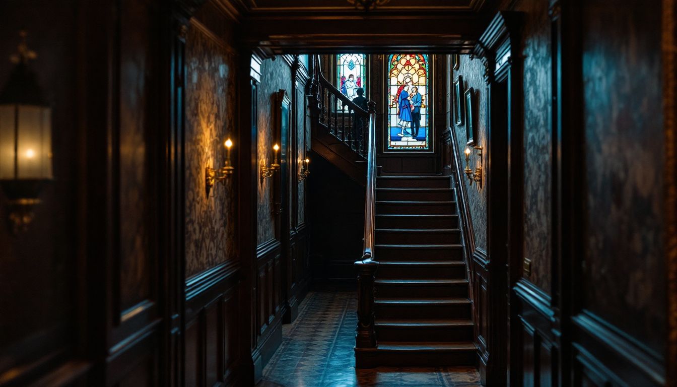 Dim Victorian hallway with a narrow staircase and stained glass