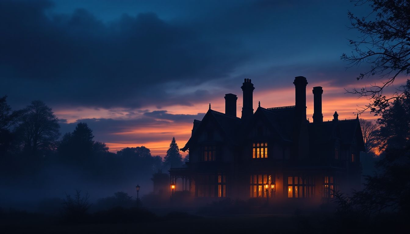 Gothic Victorian mansion silhouette at dusk in light fog