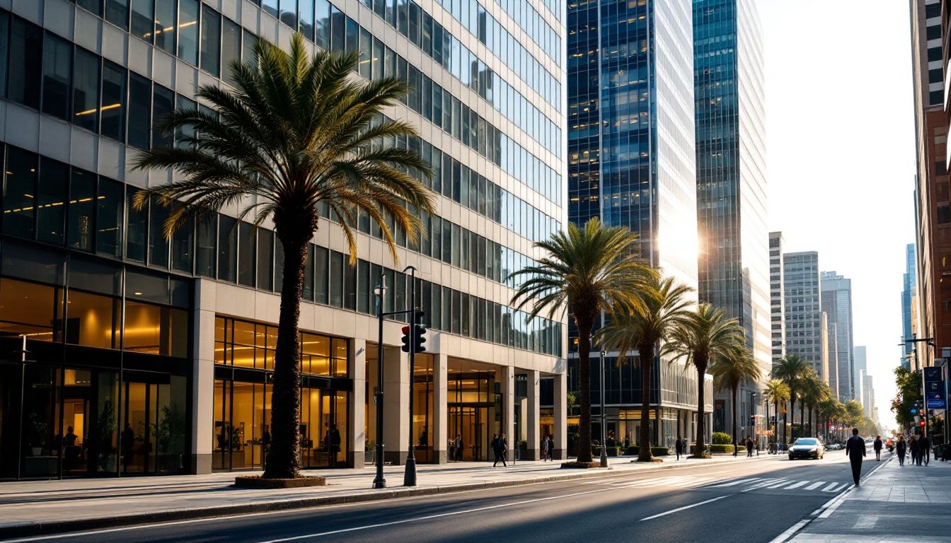 Office towers and palm trees in a Los Angeles business district