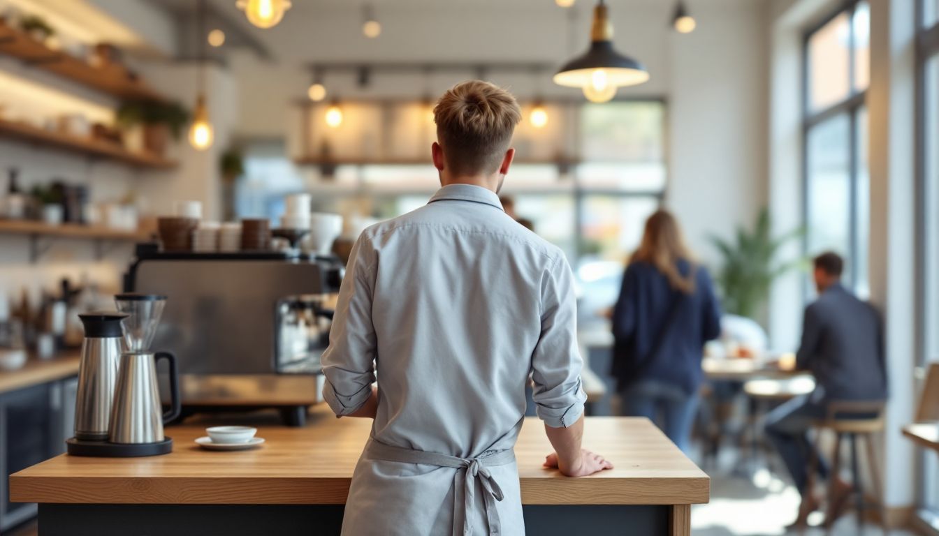 Barista working behind the counter of a modern American coffee shop