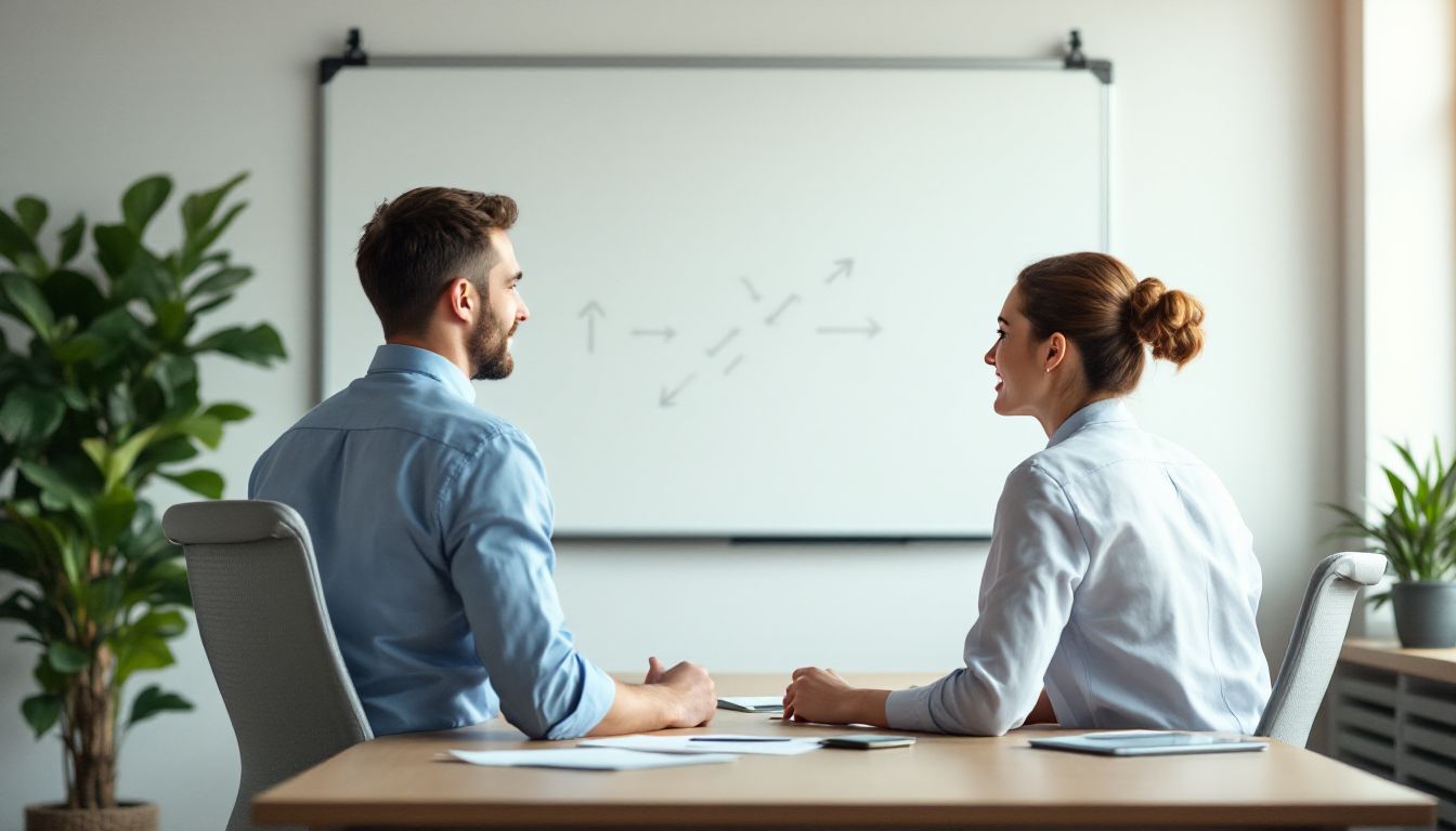 Two coworkers talking through a plan at a desk