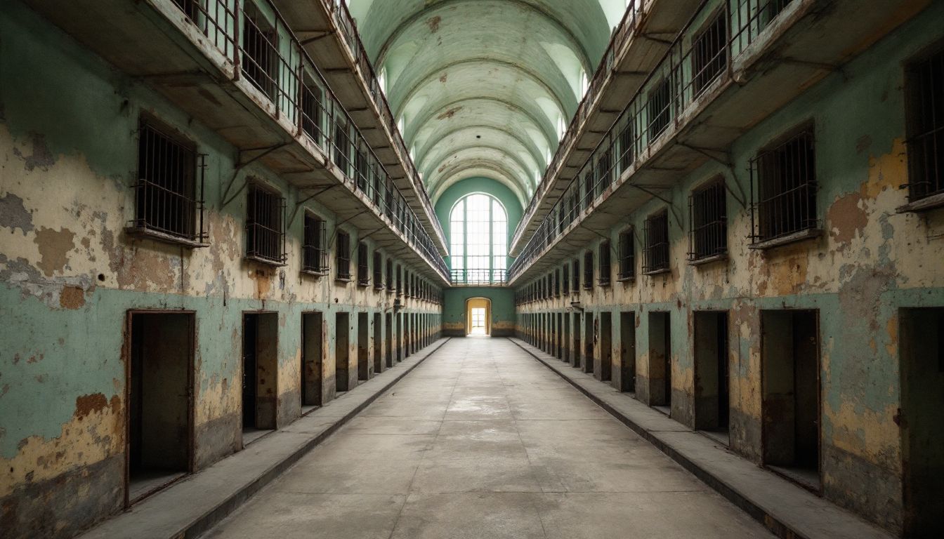 Empty cellblock corridor lined with rusted iron cell doors