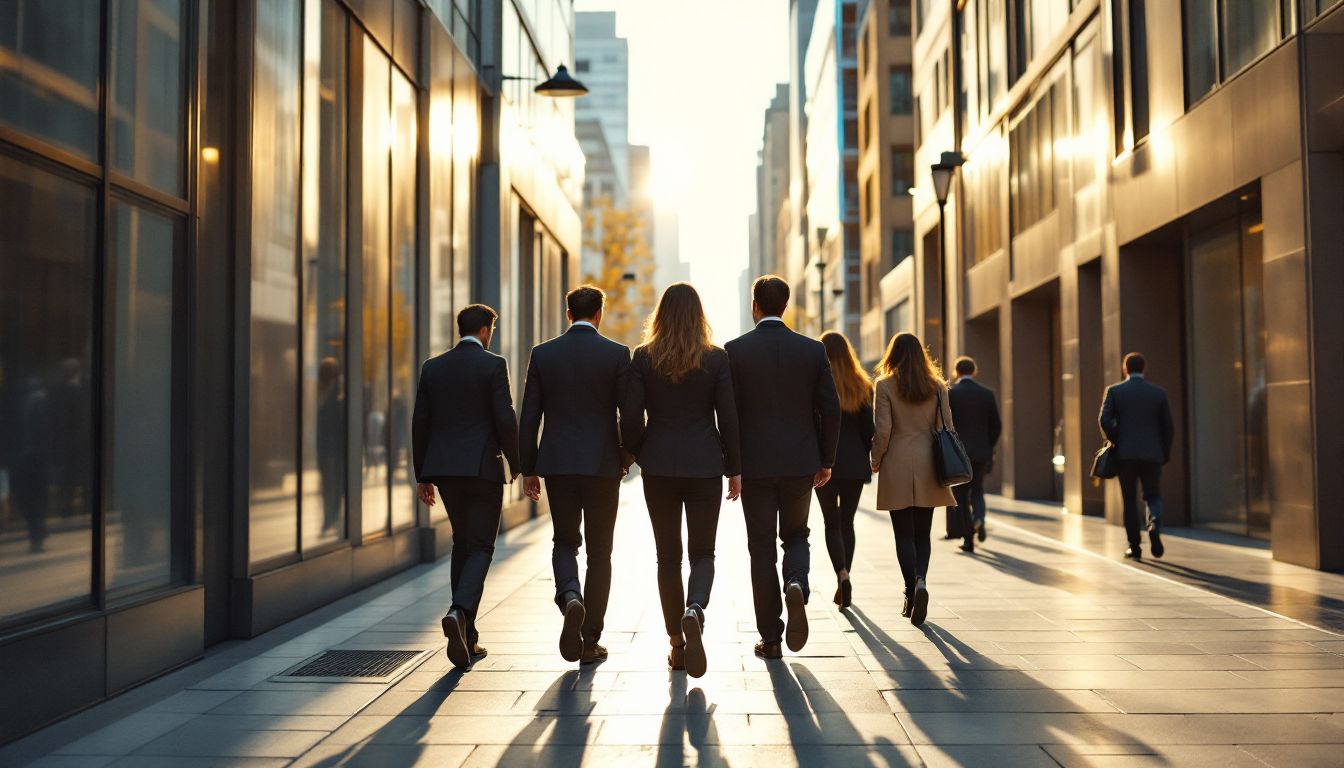 Professionals walking down a sunlit city sidewalk