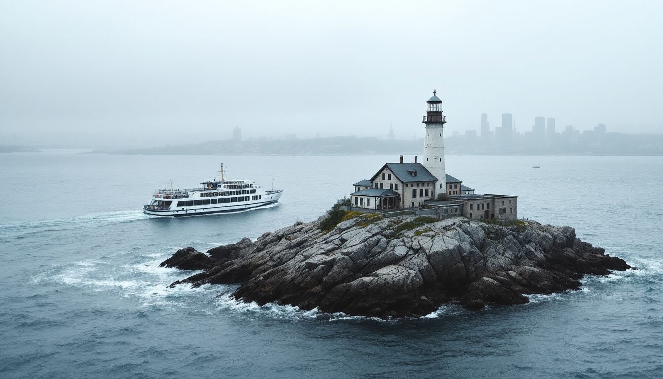 Rocky island prison with a lighthouse and a ferry crossing a foggy bay
