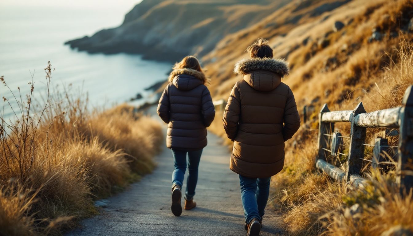 Two visitors in layered jackets walking a windy coastal island path