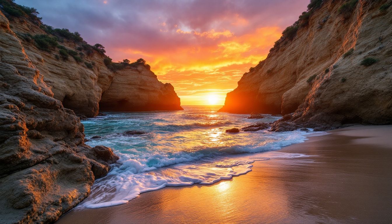 Sunset between the cliffs at low tide