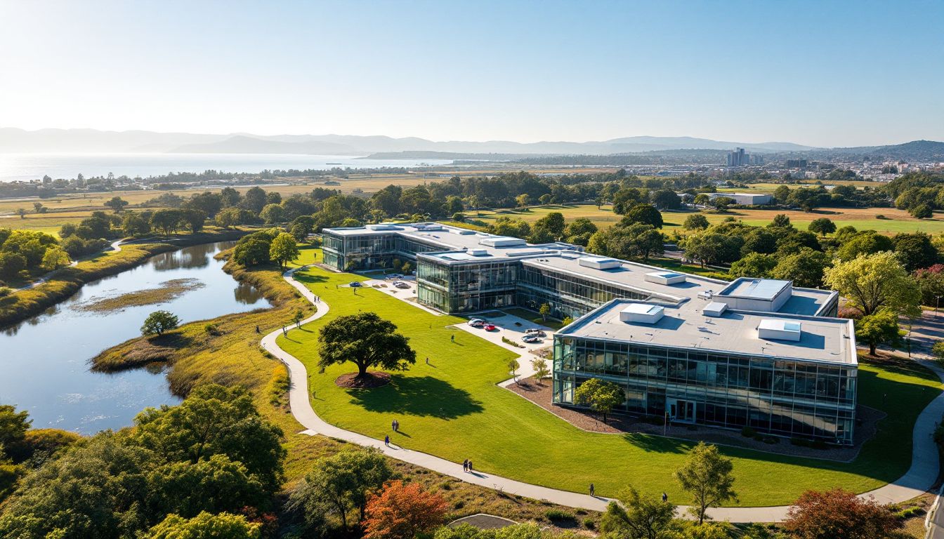 Silicon Valley tech campus and bayside greenery