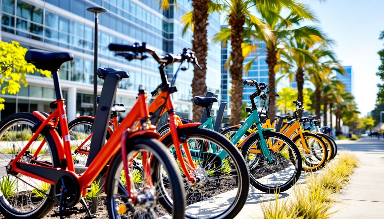 Colorful campus bicycles parked in a rack