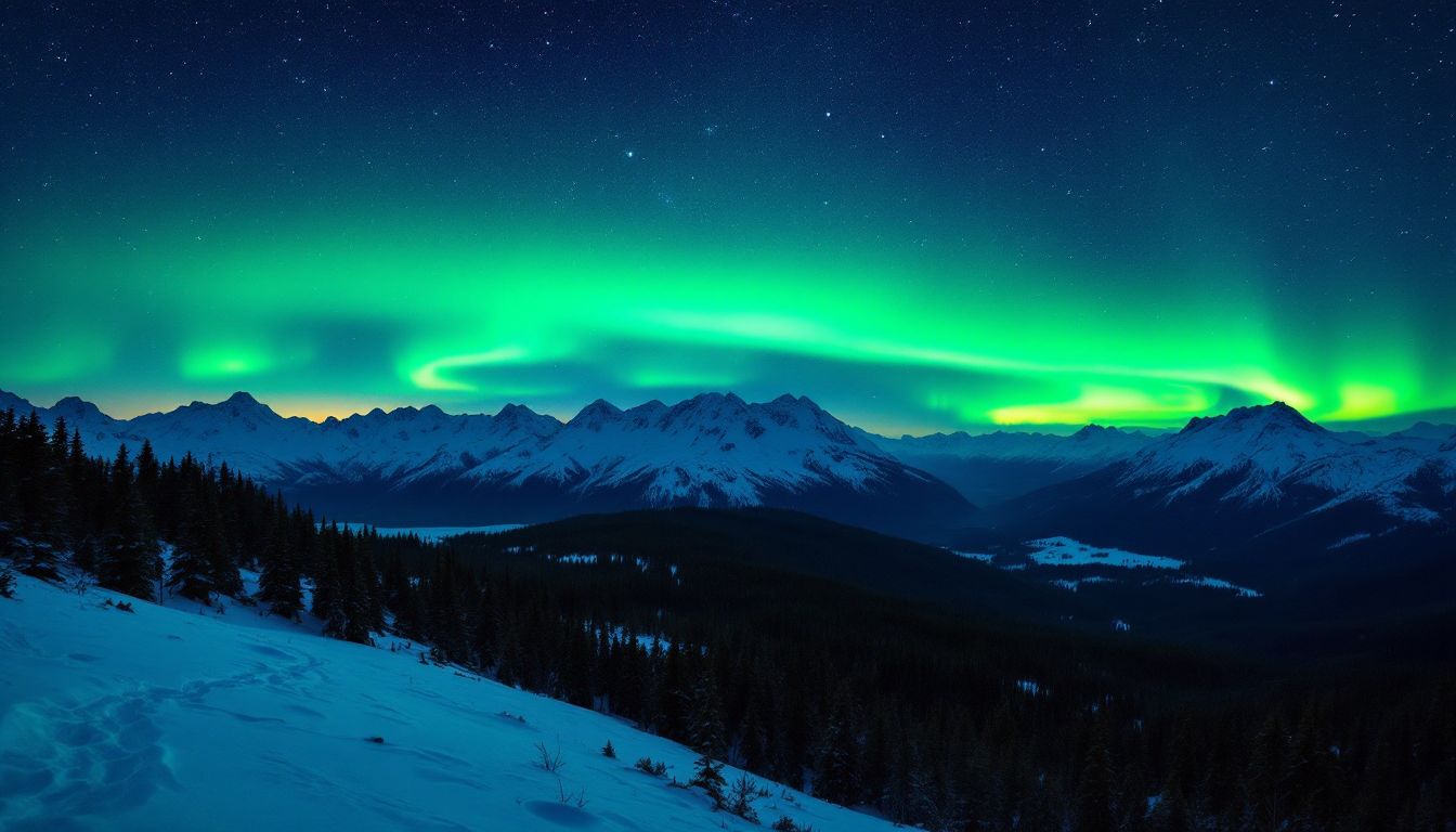 Green aurora over snowy Alaska mountains