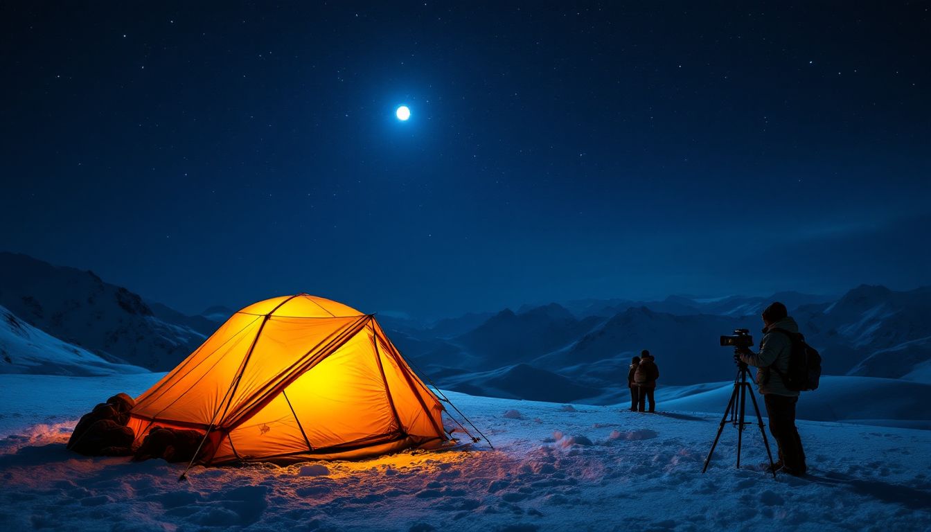 Lit tent on a snowy mountaintop at night