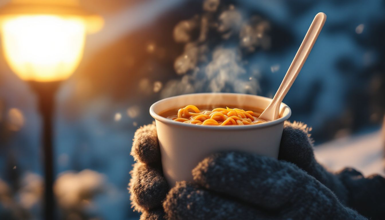 Gloved hands holding a hot cup of noodles