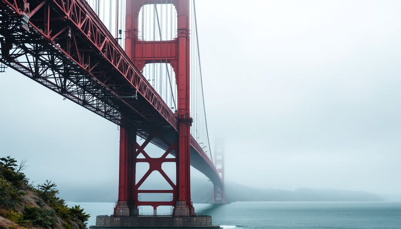Golden Gate Bridge view with a tower and cables rising through coastal fog