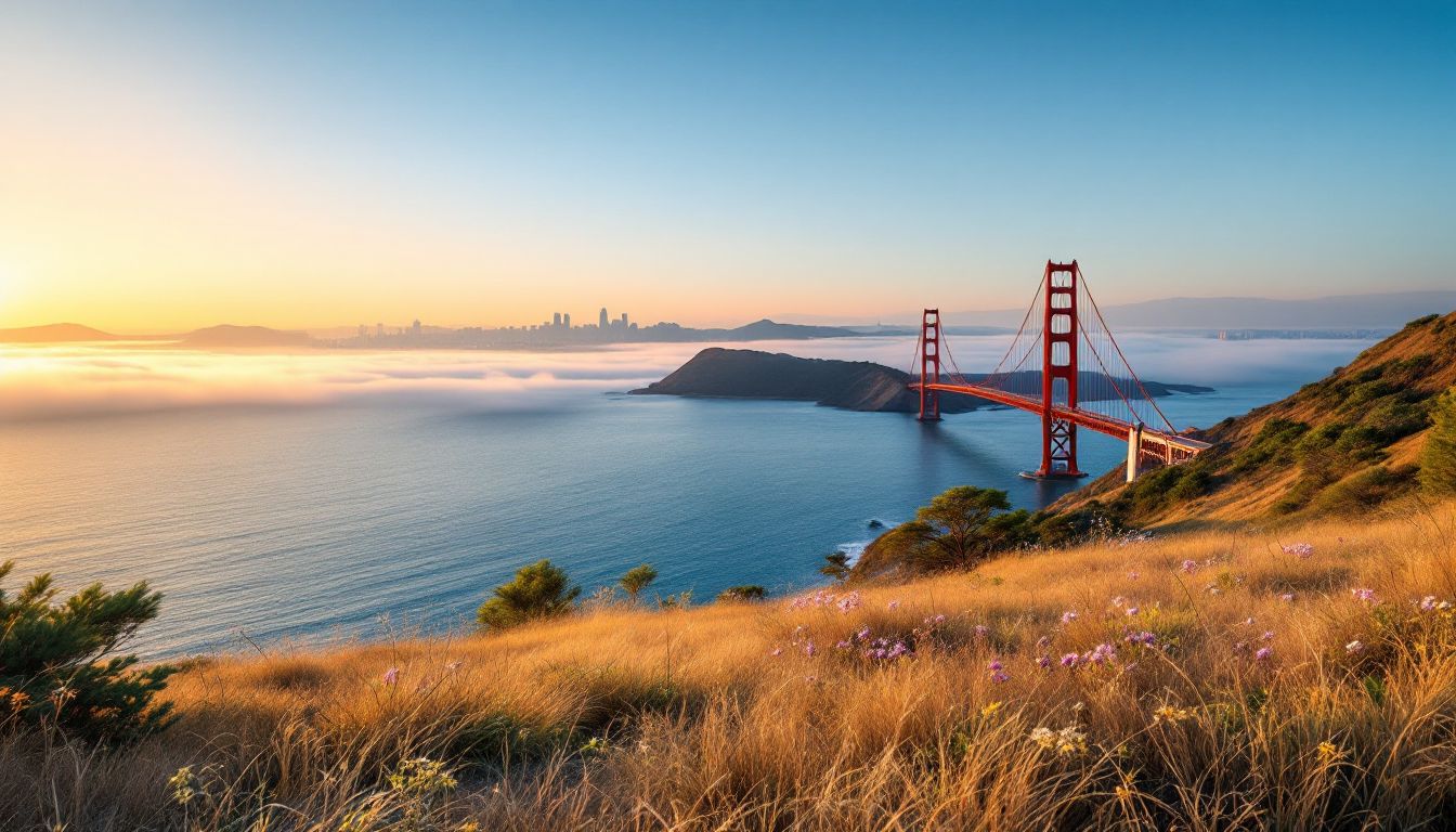 Golden Gate Bridge view at golden hour from a coastal headland