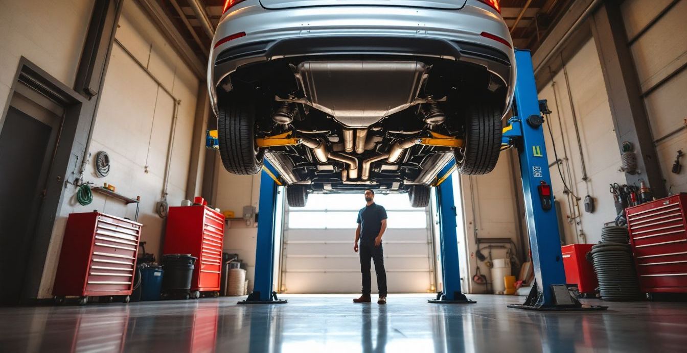 A car raised on a lift inside an auto repair shop