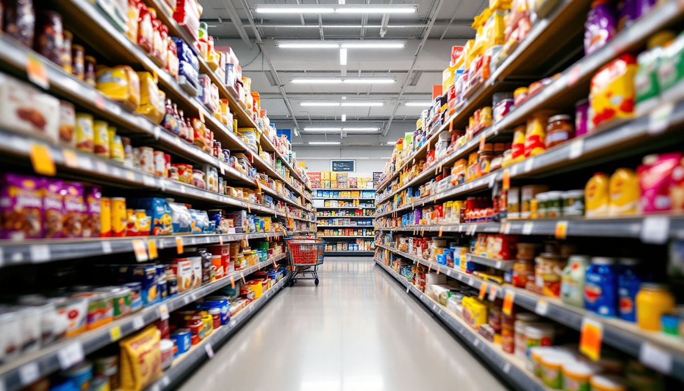 International grocery aisle stocked with packaged foods from many countries