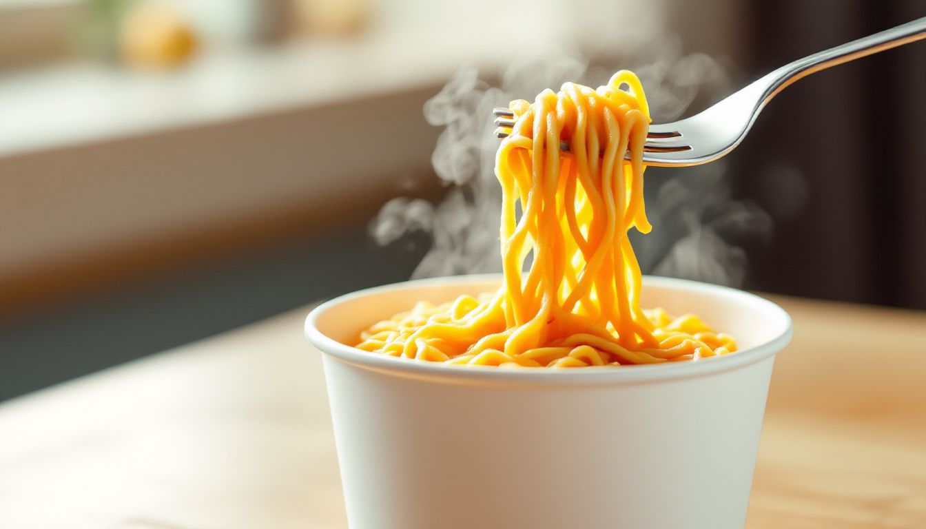 Instant noodles lifted on a fork from a plain paper cup