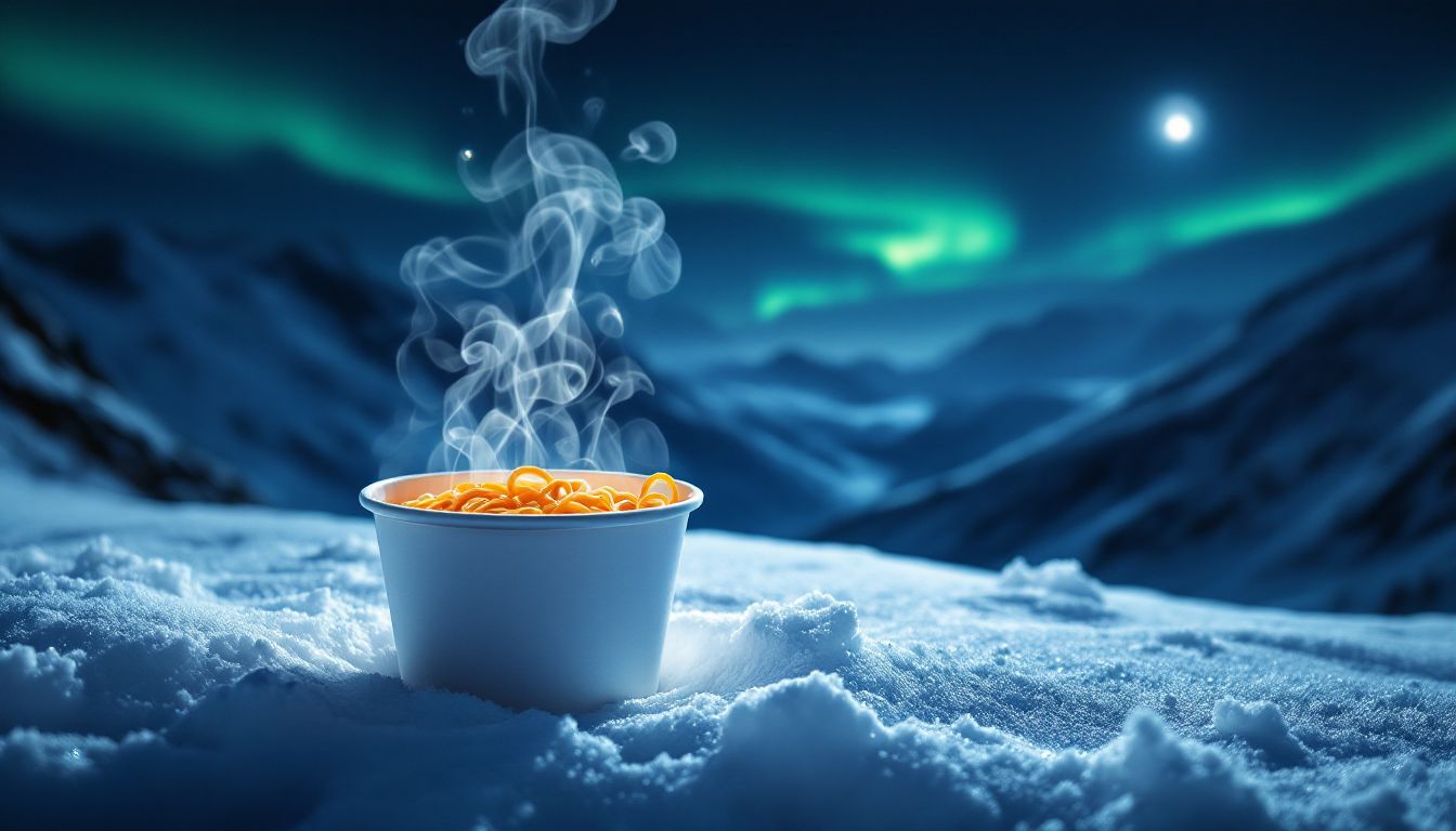 A steaming cup of noodles on snow under the northern lights