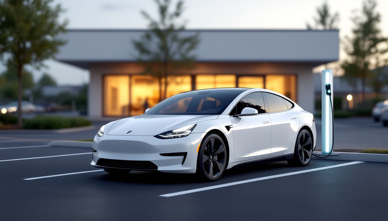 A white electric car charging in a small business parking lot