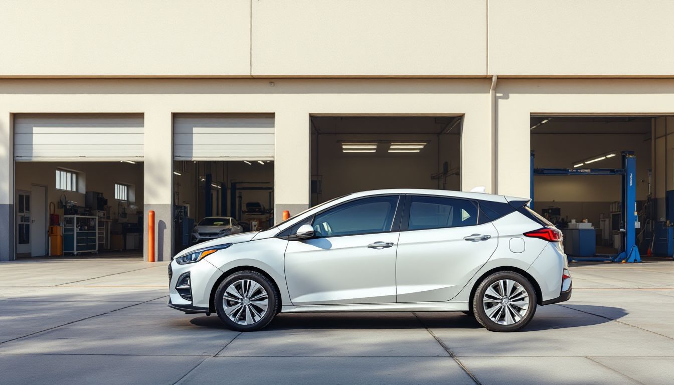 A compact hybrid hatchback parked outside an auto repair shop