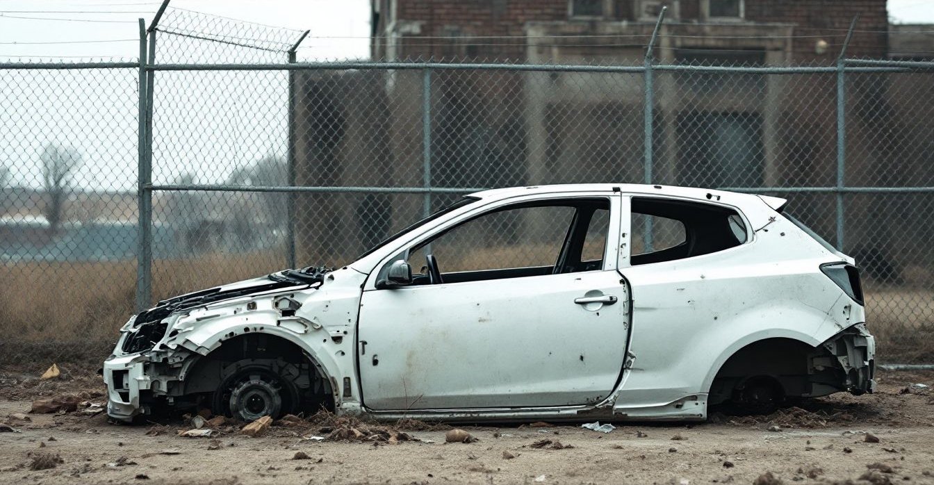Stripped car shell with missing wheels in a fenced lot