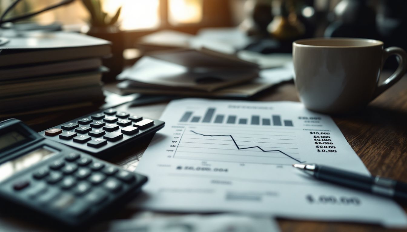 Calculator and a report with a falling chart