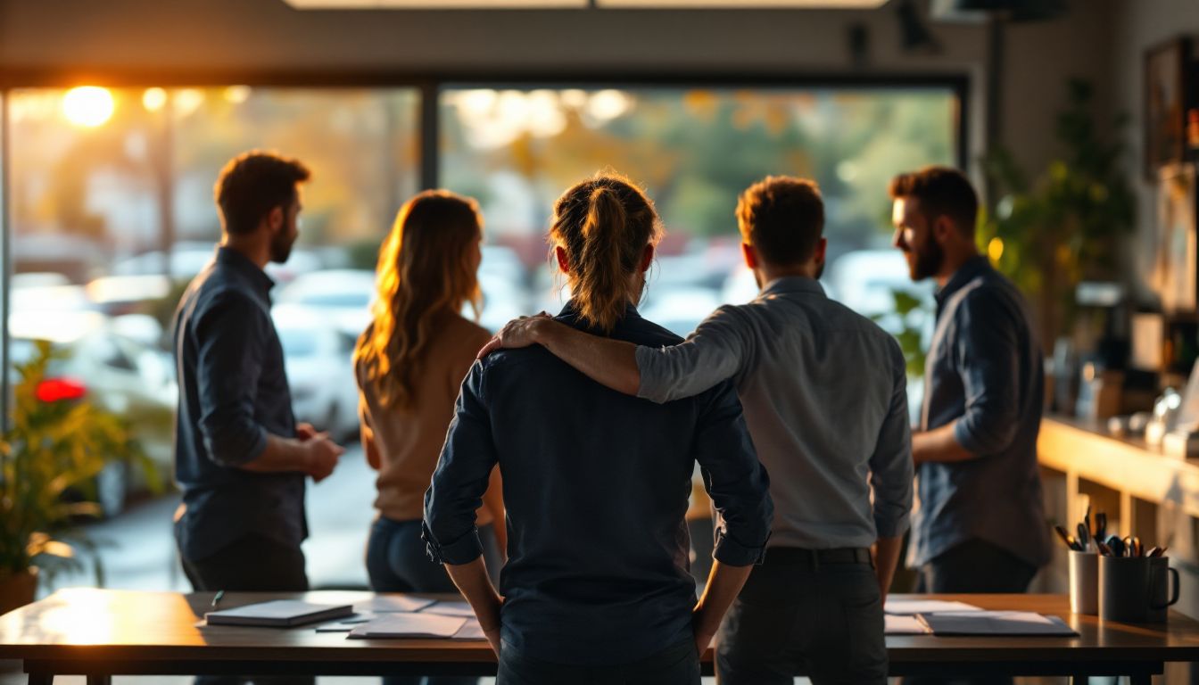 Small team standing together in a dealership office