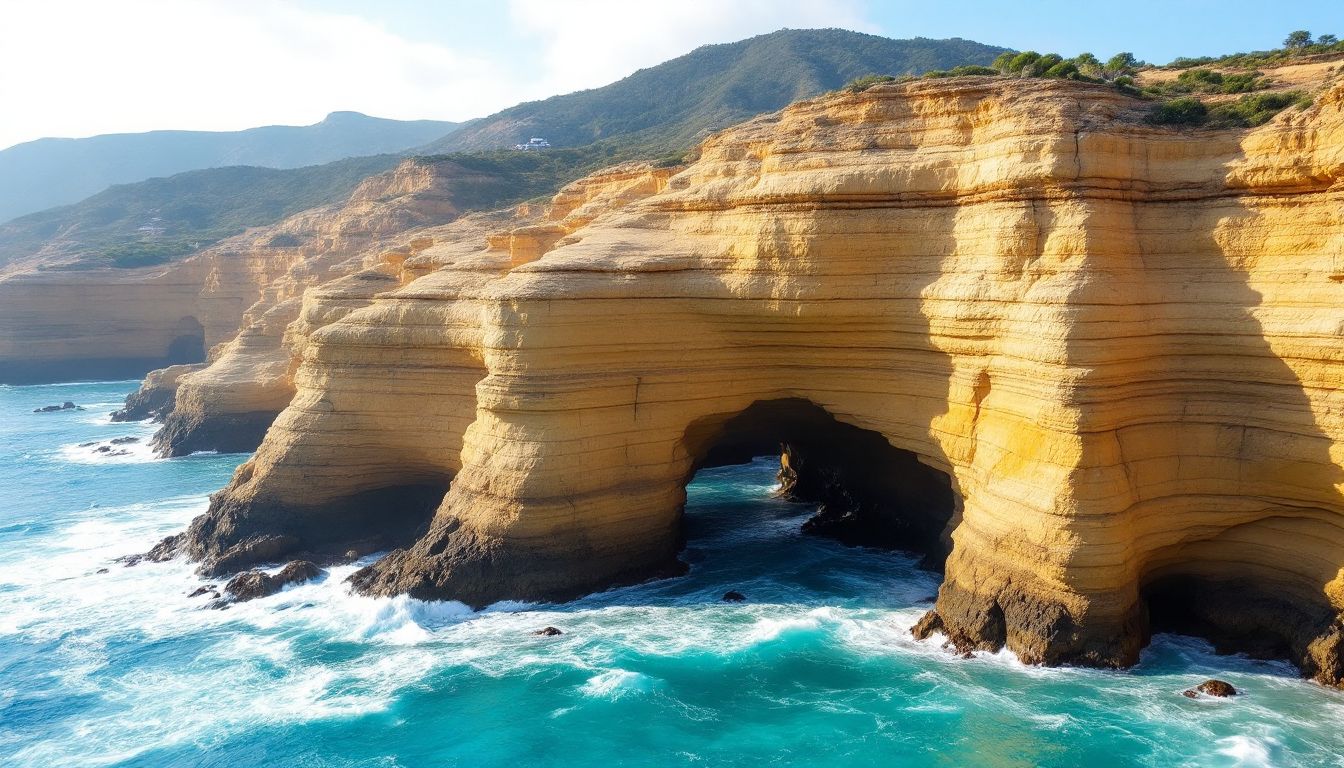 Sea arch and caves in eroding coastal sandstone cliffs