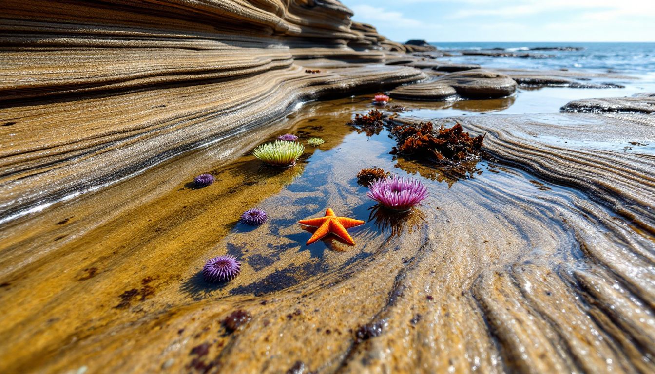 Tide pools with sea stars and anemones at low tide