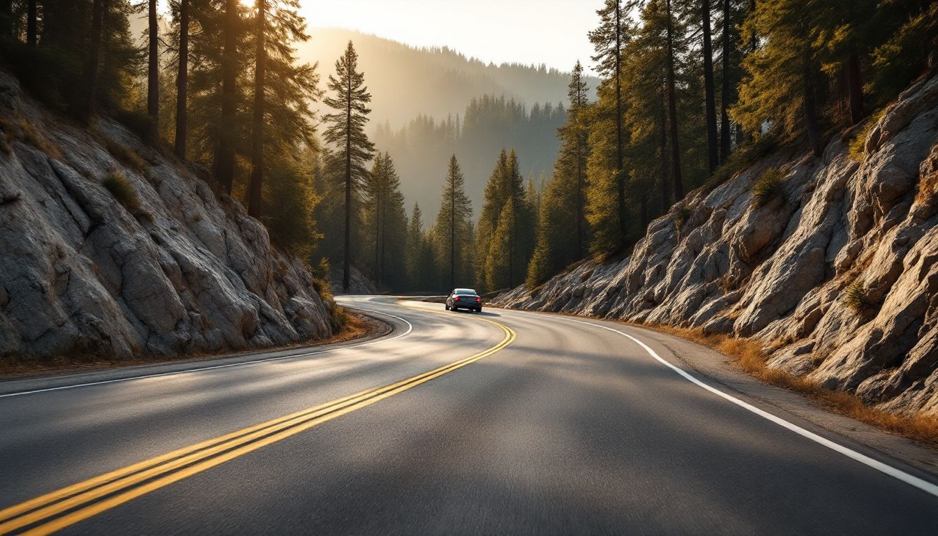 Mountain road through pine forest on the way to Glacier Point