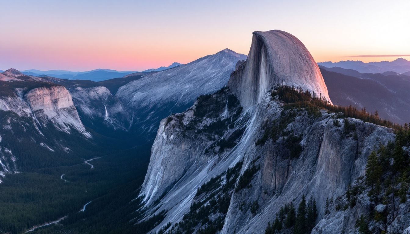 Granite dome and glacial valley at sunrise from a high overlook
