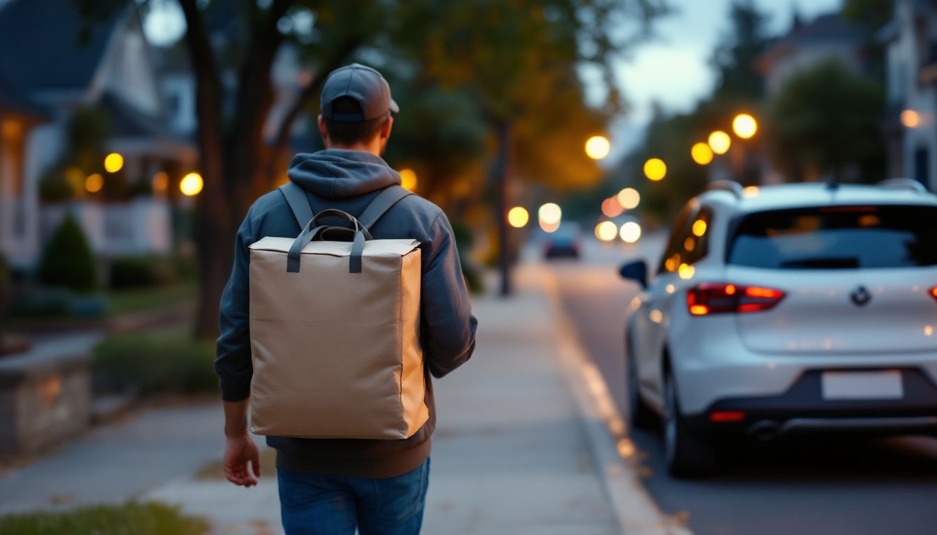 Food delivery driver walking to his car
