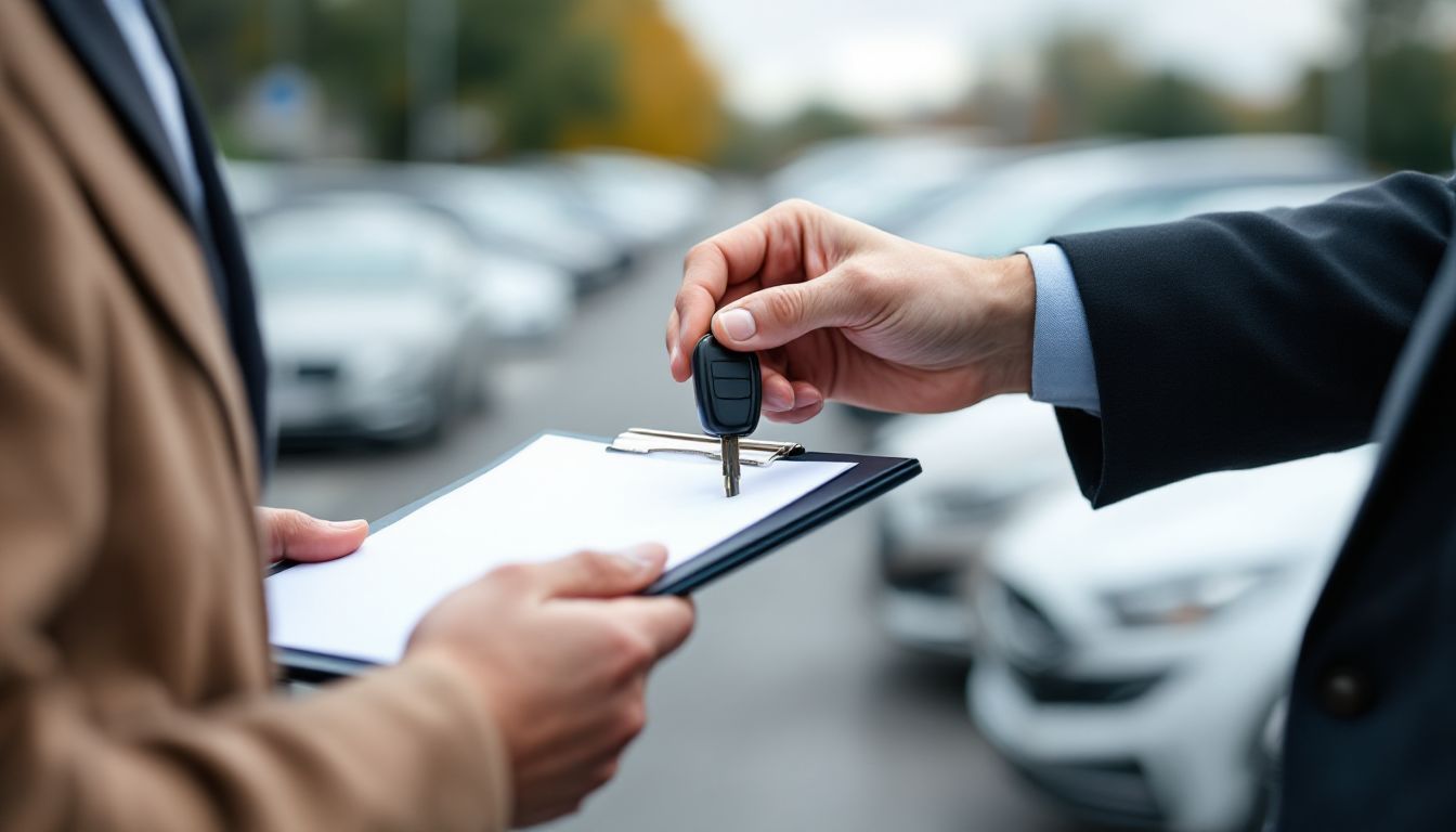 Handing over car keys at a used car lot