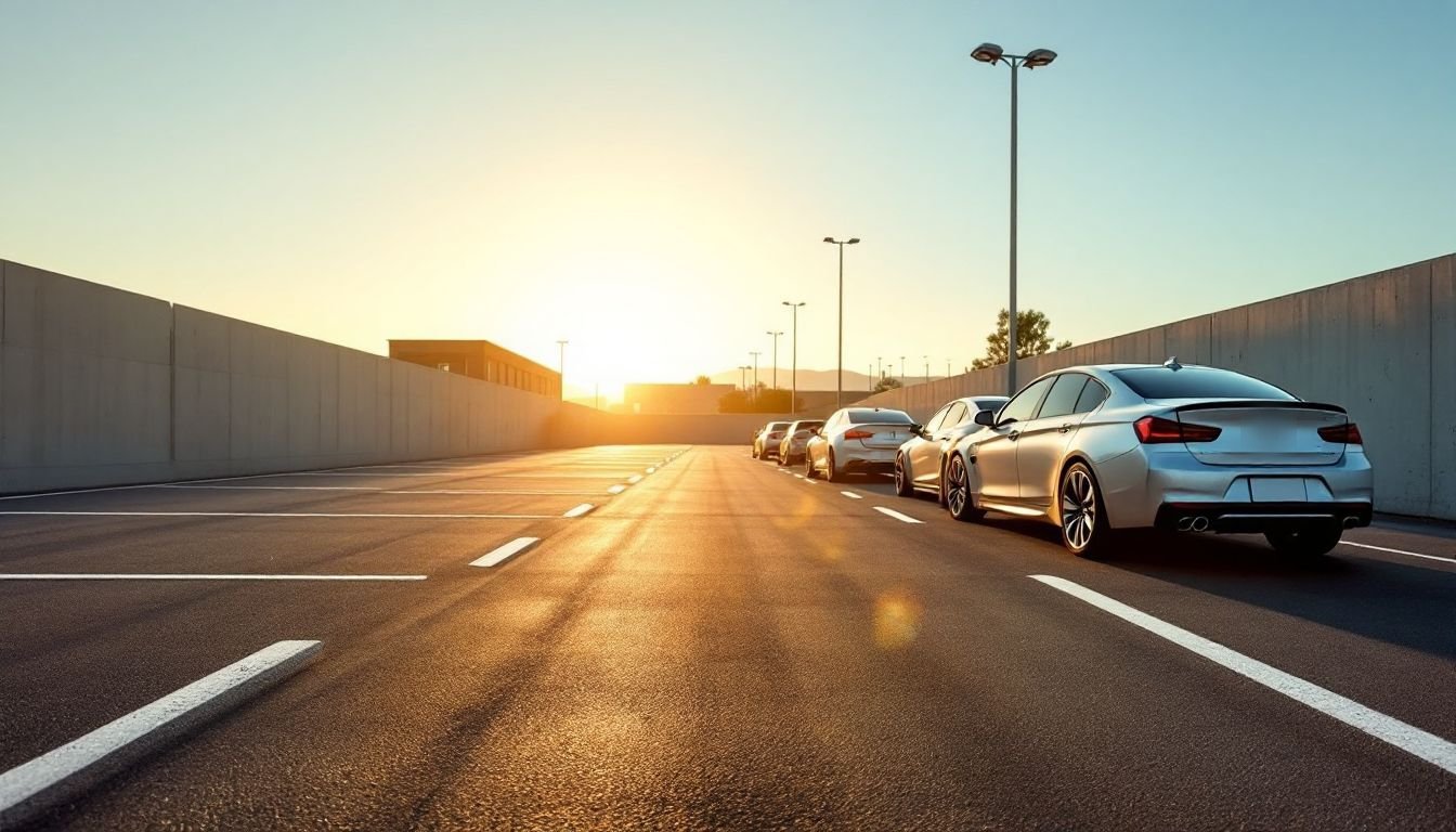 Cars parked in a lot at sunrise