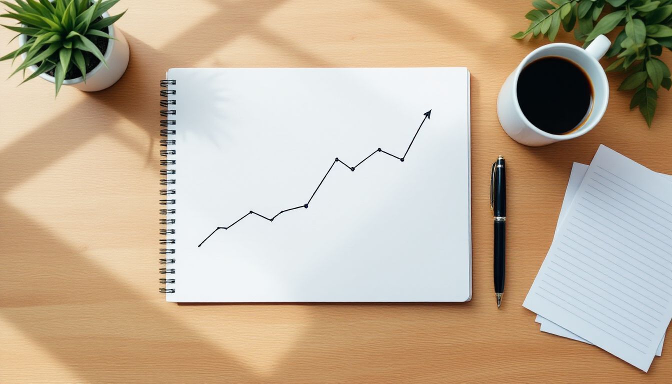 Notebook with a hand-drawn upward chart on a desk